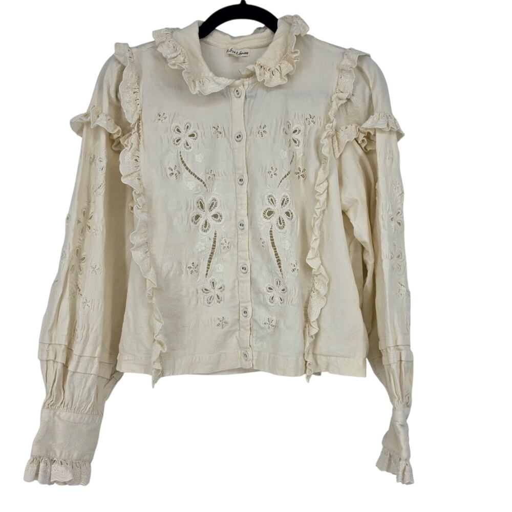 For Love & Lemons Ivory Adelie Floral Embroidered Puff Sleeve Ruffle Blouse Sz M